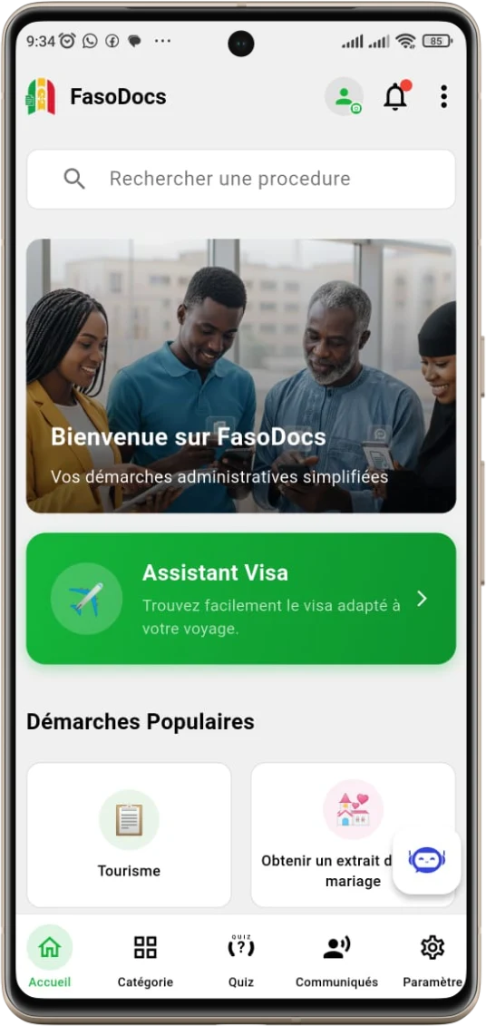 Écran d'accueil de l'application FasoDocs