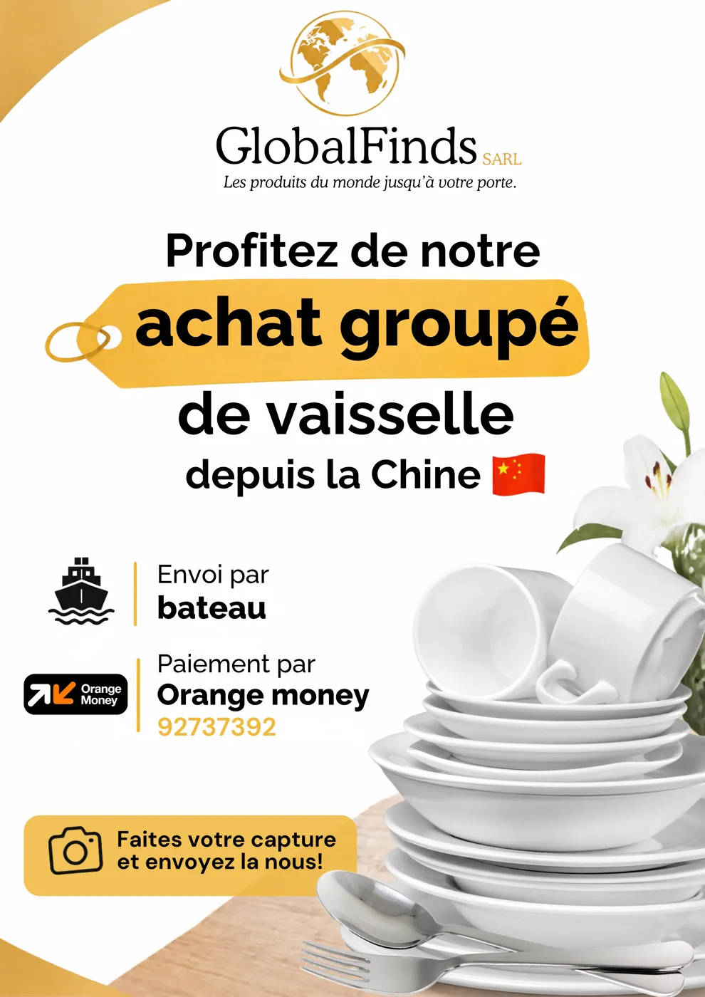 GlobalFinds – Affiche « Achat groupé de vaisselle »